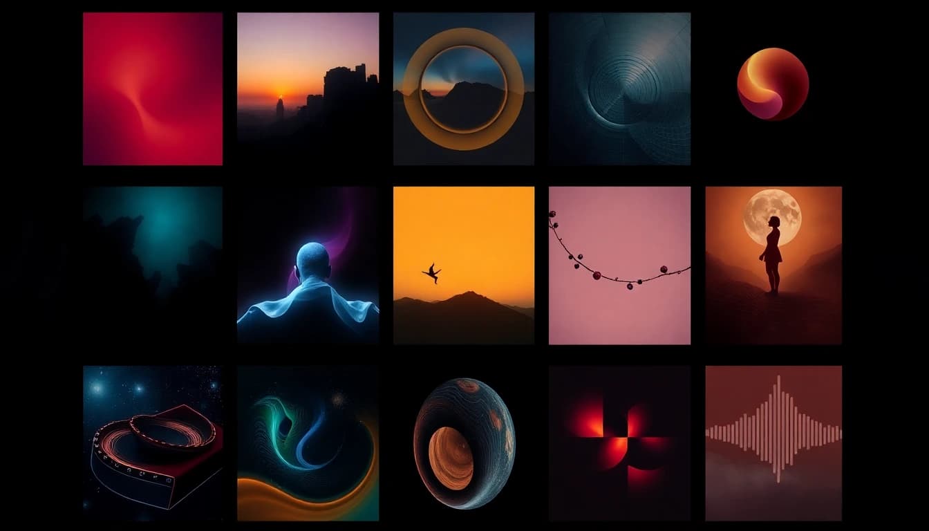 Editorial grid of music genre tiles for AI song generation, dark premium UI