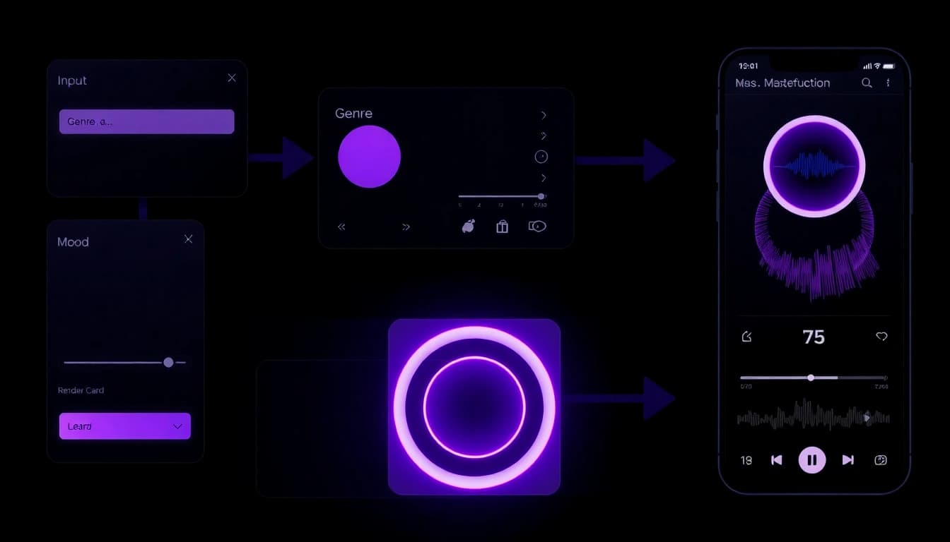 AI music generator workflow: prompt, genre, mood, and generated waveform player on a dark mobile UI